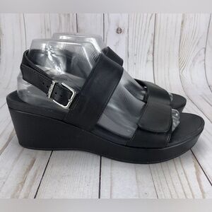 Vionic Lovell Black Leather Adjustable Strap Platform Wedge Sandals Womens 9